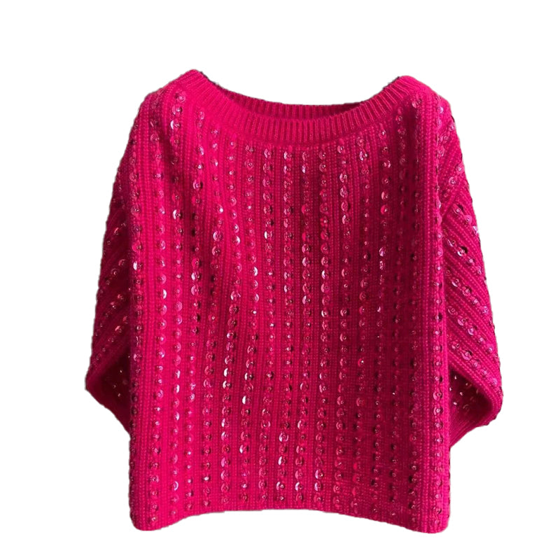 Rose Sequin Vintage Loose One-Line Neck Sweater