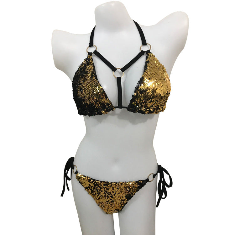 Women's Gold Sequin Bikini Set with Underwire Design