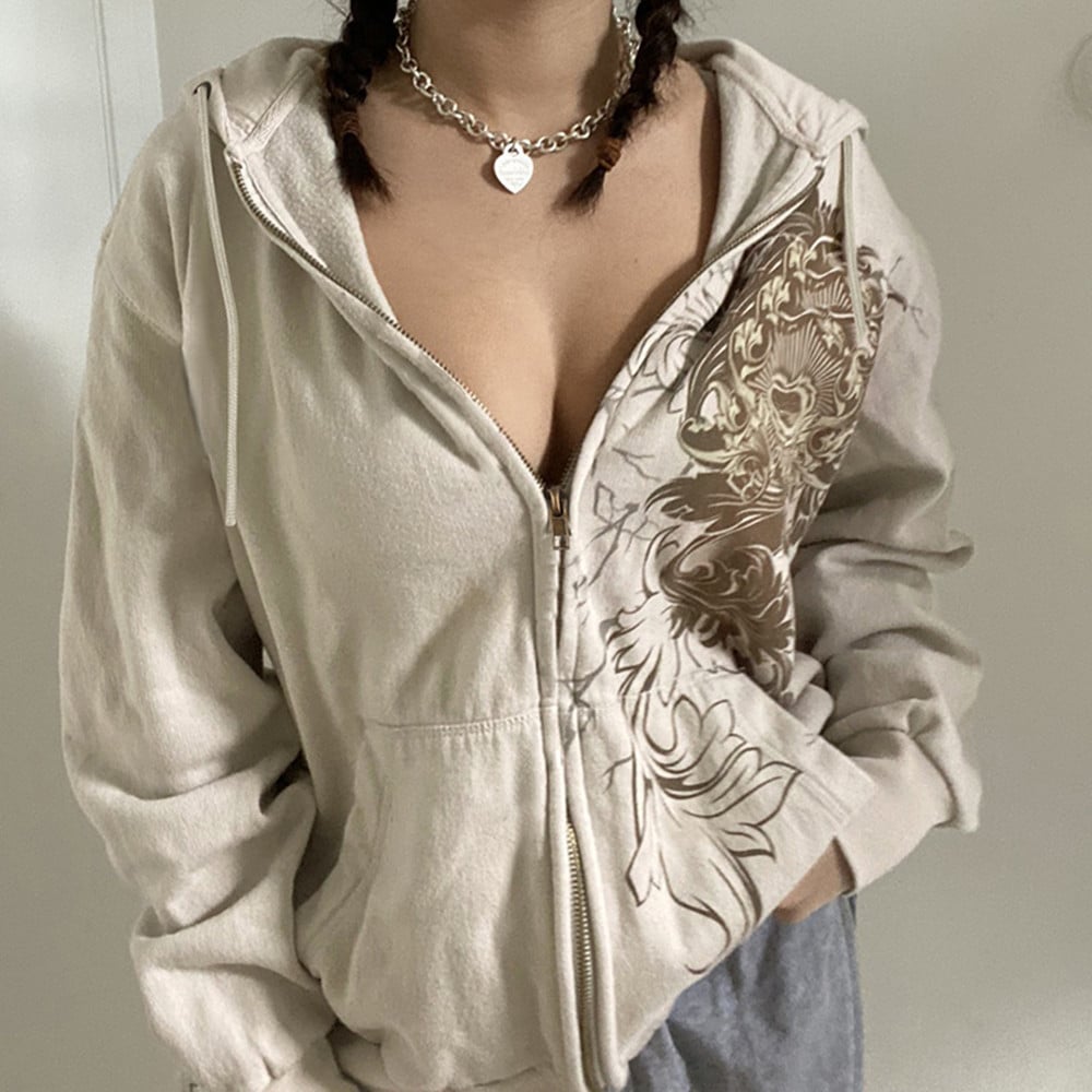 Women's Retro Print Hooded Cardigan Sweater Coat