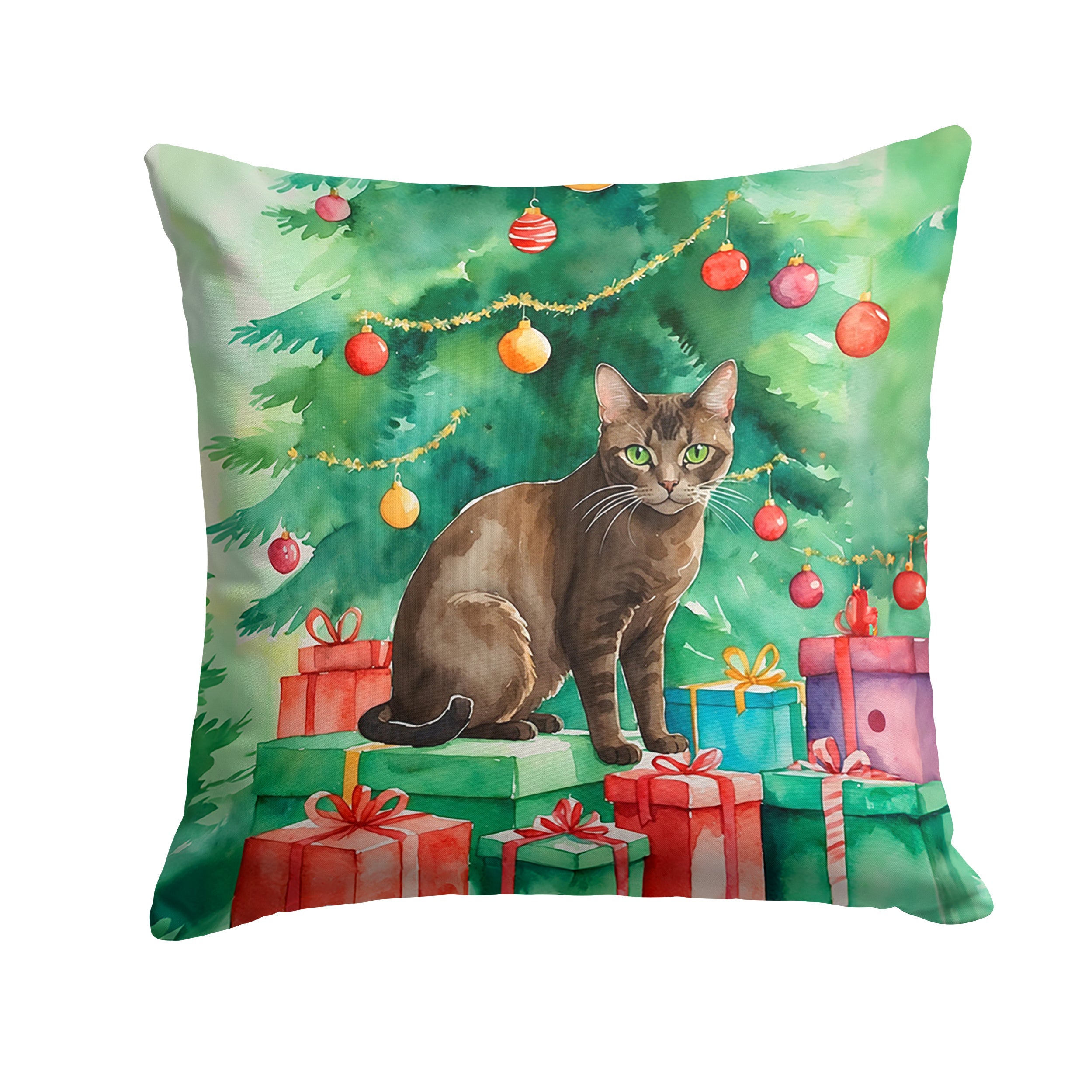 Havana Brown Cat By the Christmas Tree Throw Pillow