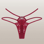 Wine Red Heart-Shaped Buckle Lace Thong Panties