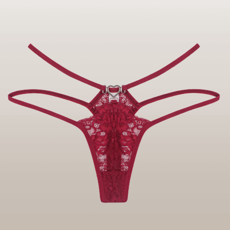 Wine Red Heart-Shaped Buckle Lace Thong Panties