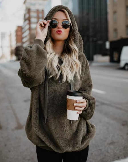 Women's Solid Color Fleece Jacket with Zipper Hood
