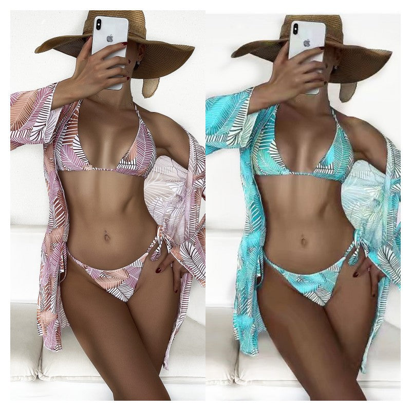 Women's Sexy 3-Piece Bikini Set with Long Cover-Up