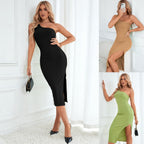 Slanted Shoulder Sleeveless Knit Dress with Slit
