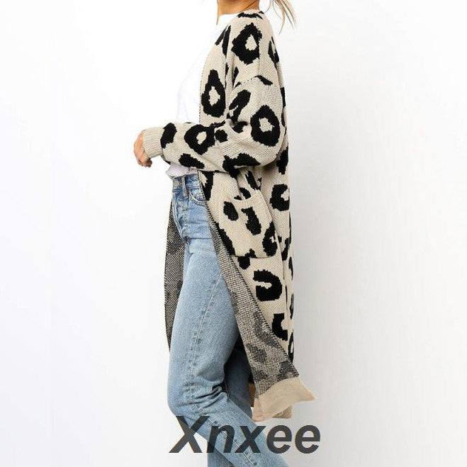 Women's Leopard Knitted Long Sleeve Cardigan Sweater
