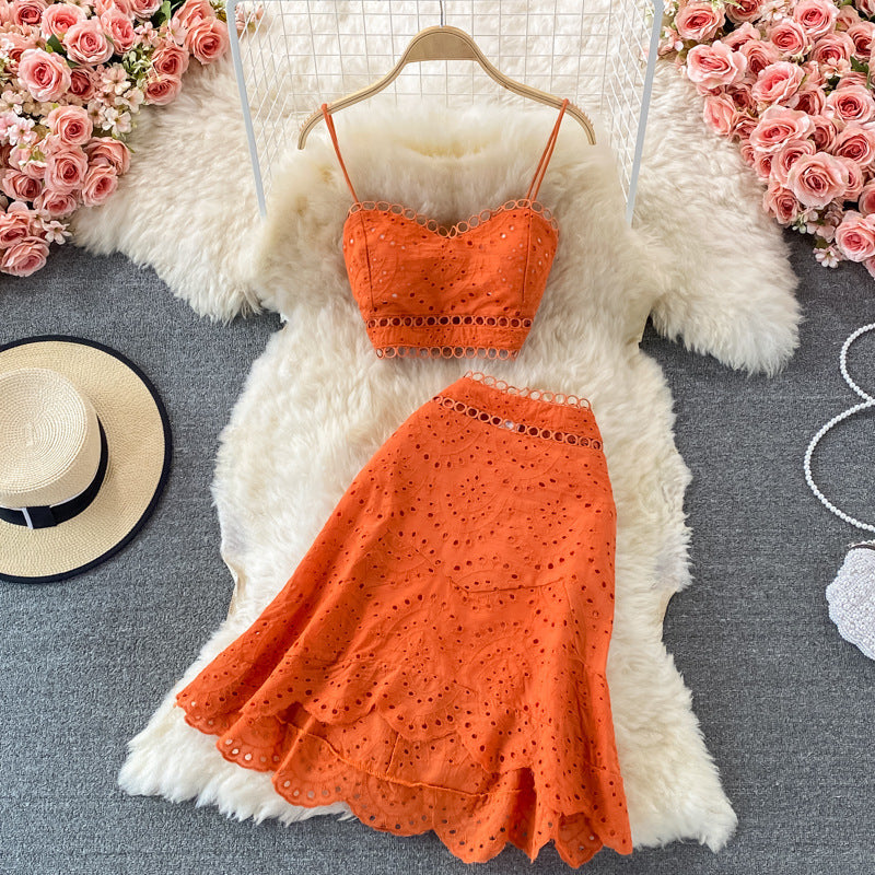 Beach Vacation Set: Backless Crop Top & Ruffled Skirt