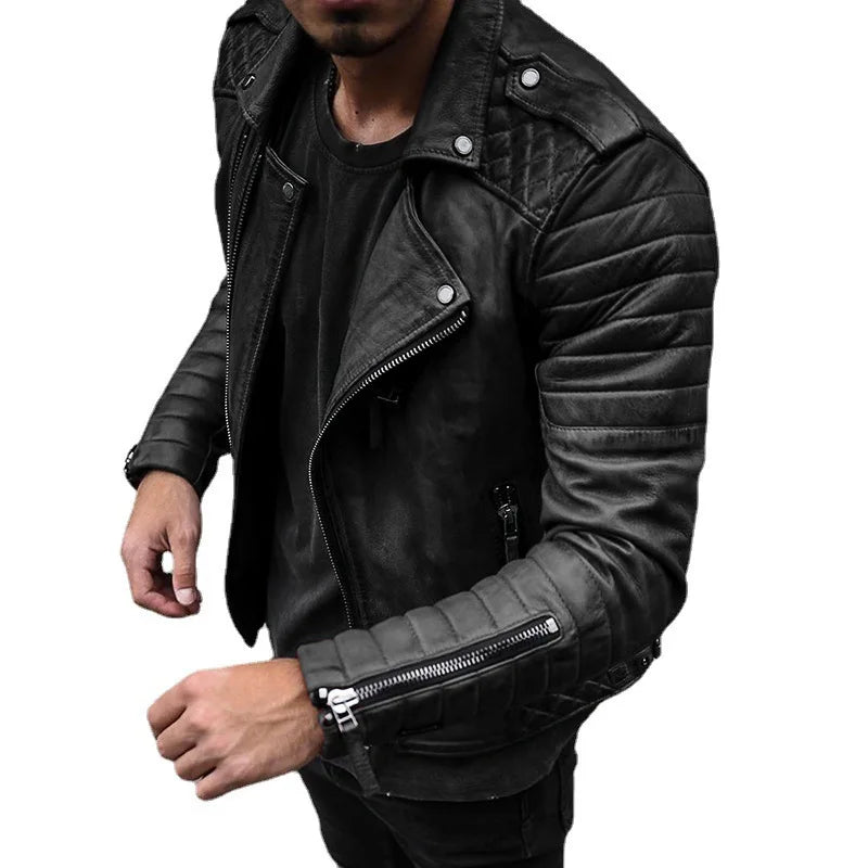 Men's Slim Fit Brown PU Leather Jacket with Lapel