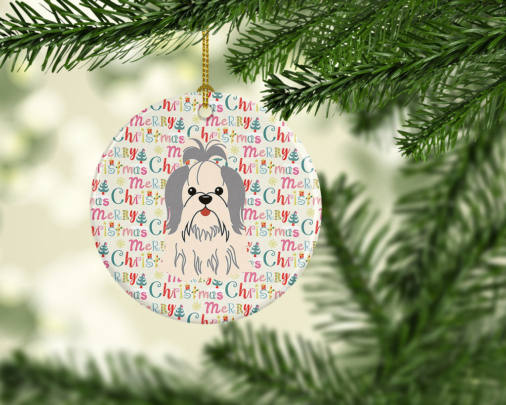 Merry Christmas Shih Tzu Silver White Ceramic Ornament