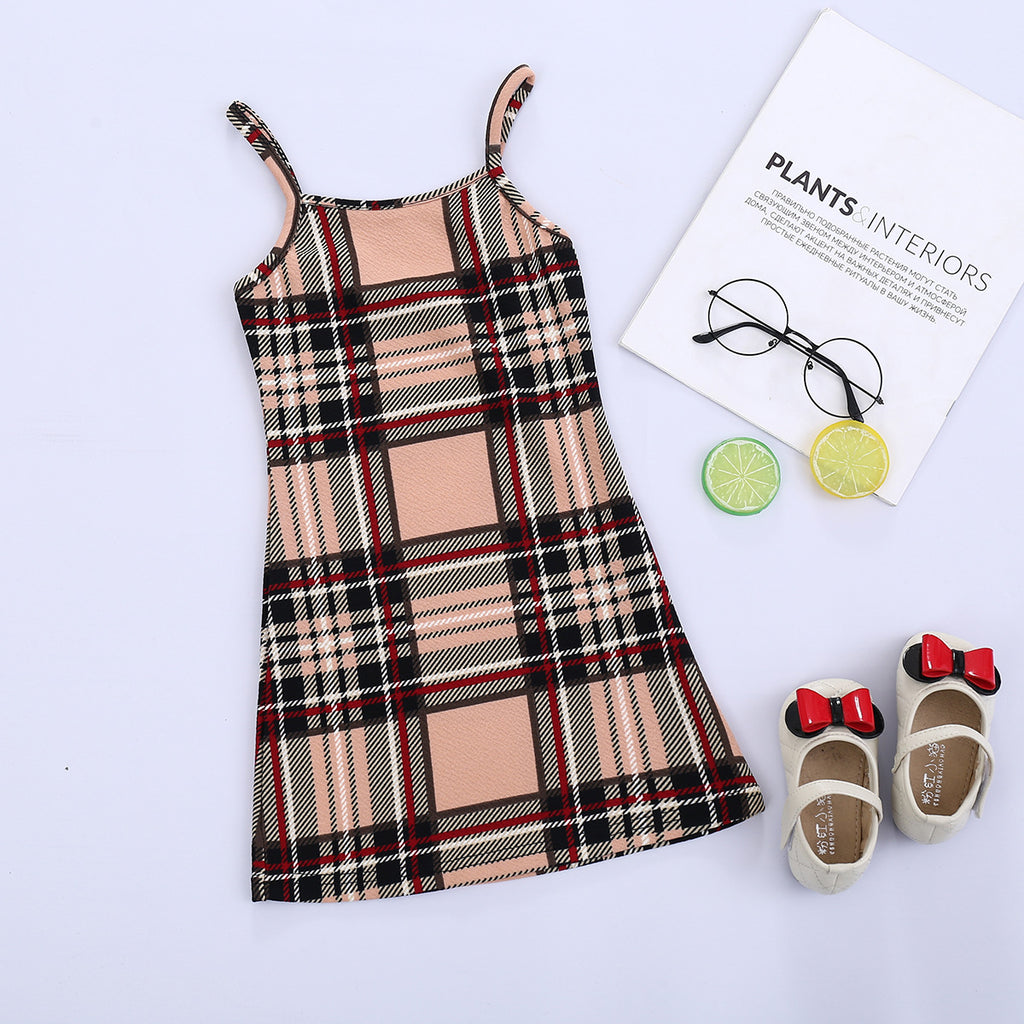 Girls Summer Sleeveless Plaid Suspender Dress
