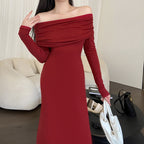 Knitted Off-Shoulder Long Sleeve Fishtail Dress