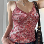 Mesh Plant Print Low-Cut Lace Tank Top for Women