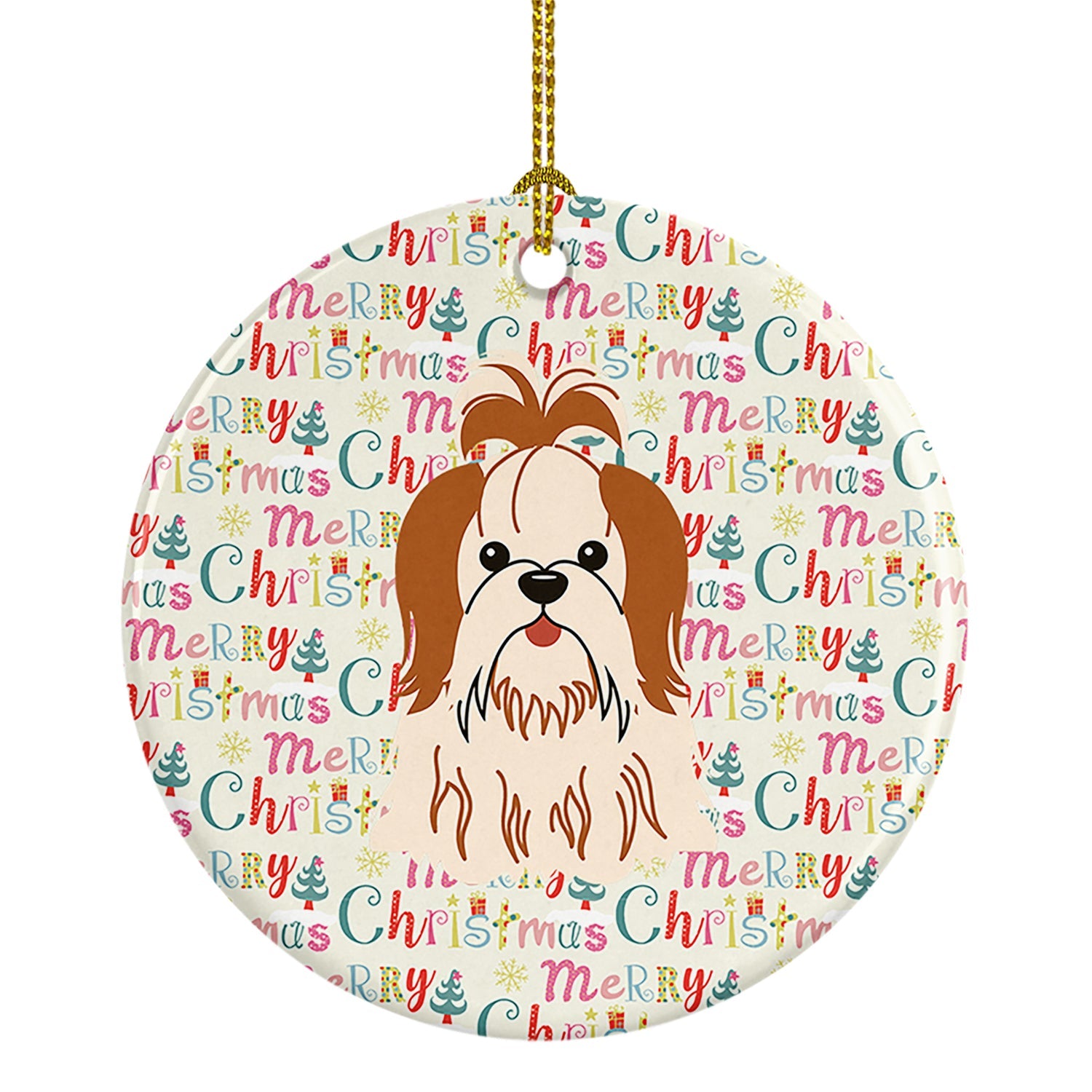 Merry Christmas Shih Tzu Red White Ceramic Ornament