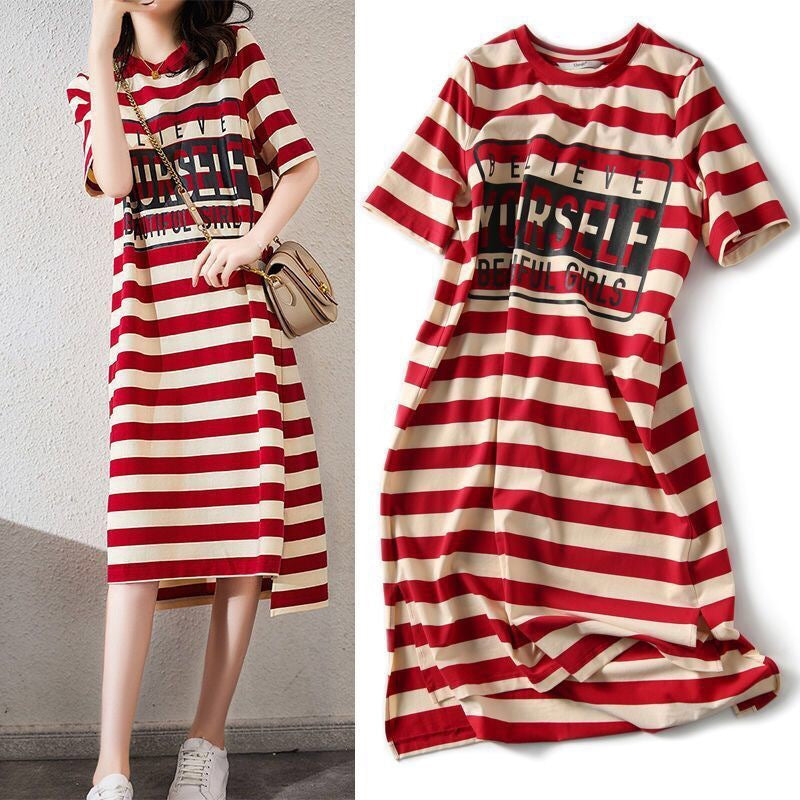 Summer Striped Print T-Shirt Dress with Short Sleeves | Streetwear