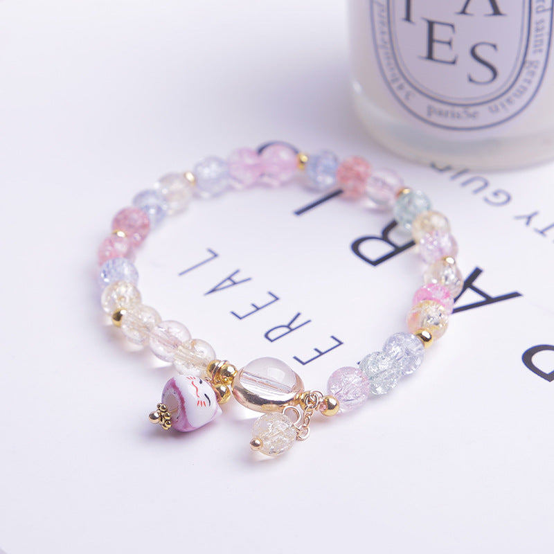 Crystal Beaded Bracelet with Lucky Cat Charm