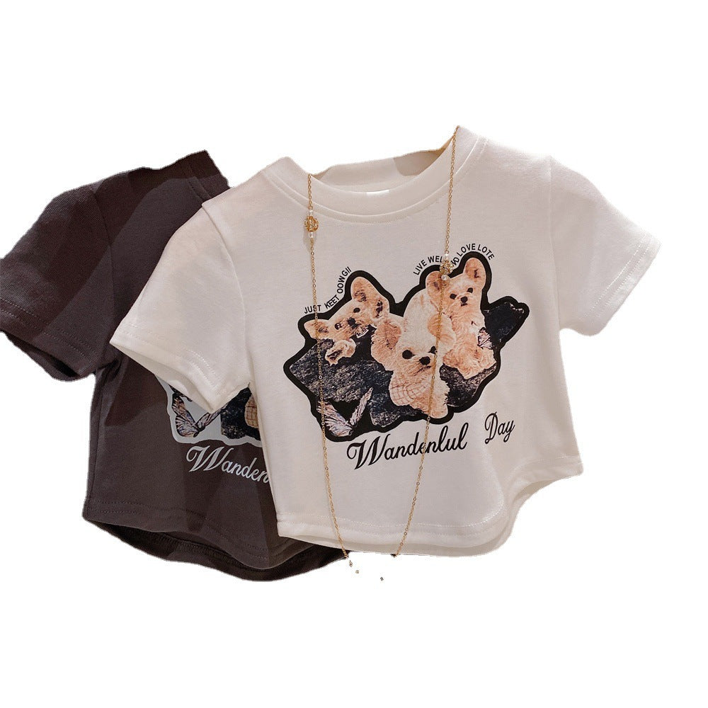 Girls' Cotton Cartoon Short-Sleeved Summer Dress Top