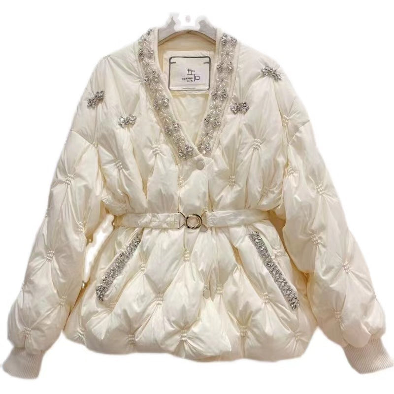 Winter V Neck Waist Down Jacket for Women