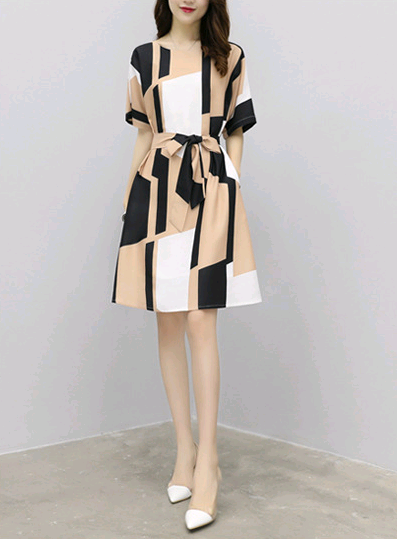 Cotton A-Line Dress with Waist Tie and Short Sleeves
