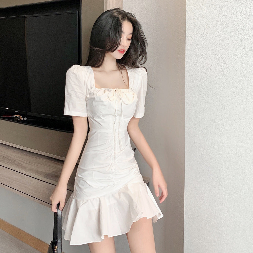 French Niche Square Neck Ruffle Dress for Summer