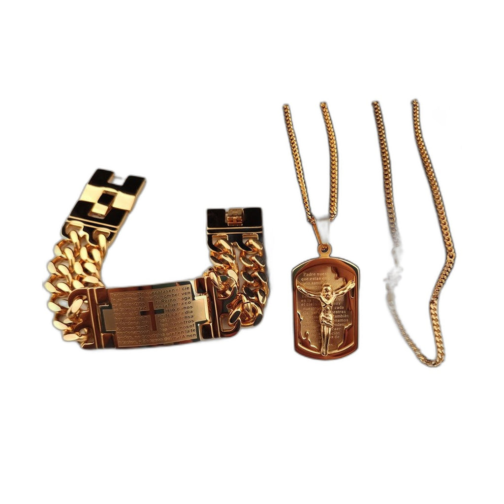 Gold Lord's Prayer Cross Necklace and Bracelet Set | Christian Jewelry